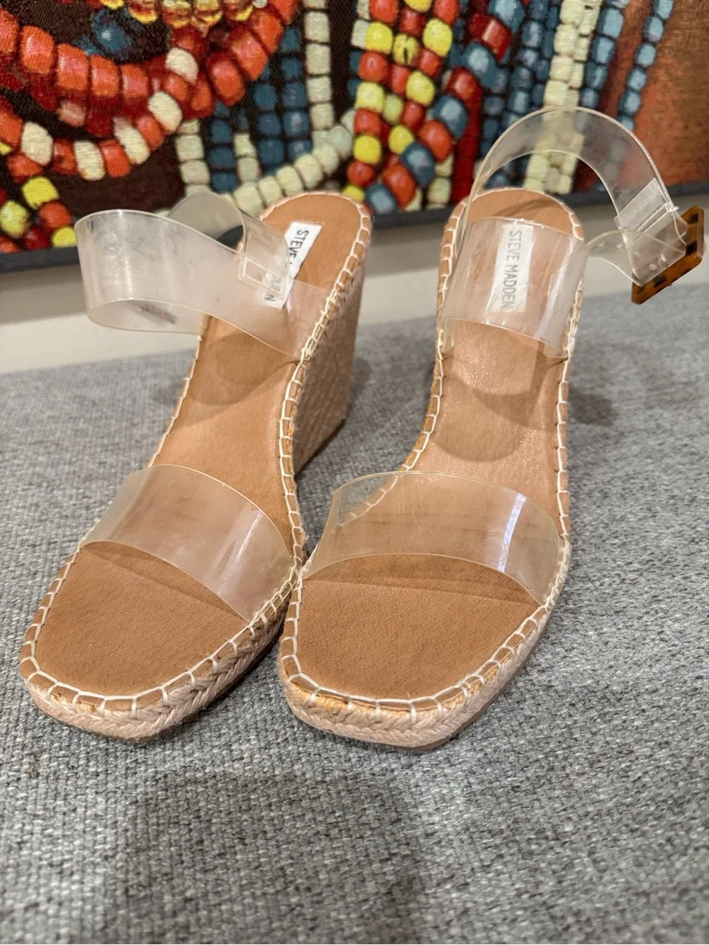 Steve Madden Clear Strap Espadrille Wedges with Tan Footbed